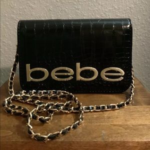 Bebe Fabiola Small Purse Stamped Croco Crossbody Black & Golden Color Logo bebe.